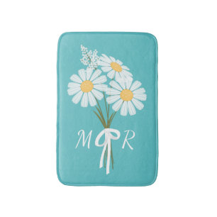 White Daisy Flowers Bouquet Monogram on Teal Bath Mat