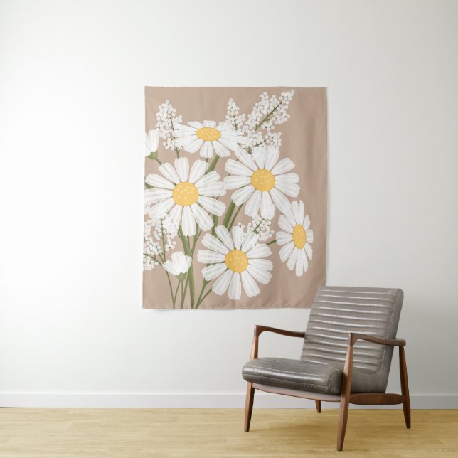 White Daisy Flowers Bouquet on Beige Tapestry (In Situ)