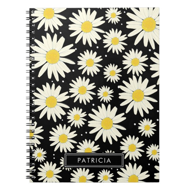 White Daisy Flowers Design Black Personalized Notebook (Front)