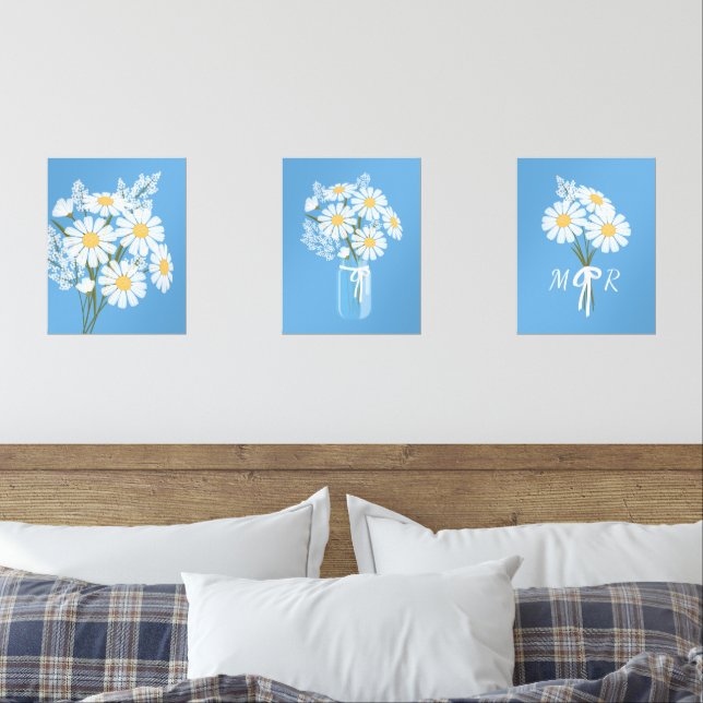 White Daisy Flowers Monogram Blue Set of 3 (Bedroom)