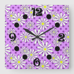 White daisy flowers on a polka dot background square wall clock
