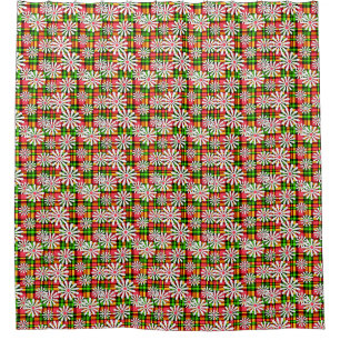 White daisy flowers on a red green chequered backg