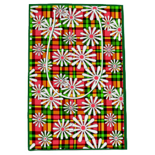 White daisy flowers on a red green chequered backg medium gift bag