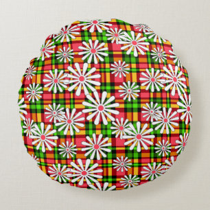 White daisy flowers on a red green chequered backg round pillow