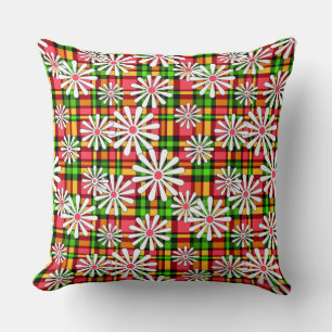 White daisy flowers on a red green chequered backg throw pillow