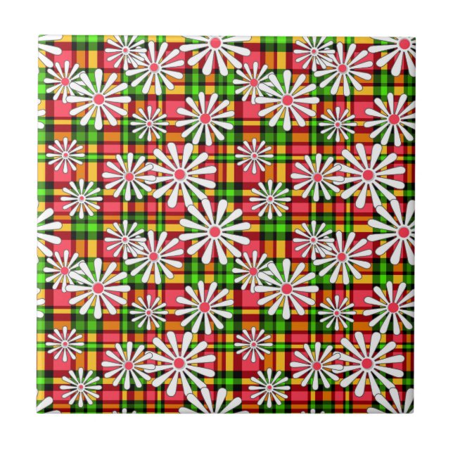 White daisy flowers on a red green chequered backg tile (Front)