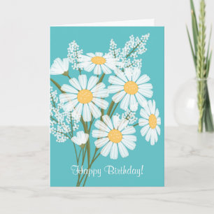 White Daisy Flowers on Teal Happy Birthday Card