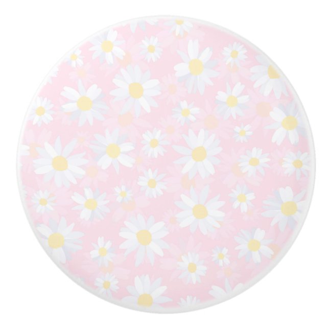 White Daisy Flowers Pink Floral Ceramic Knob (Front)