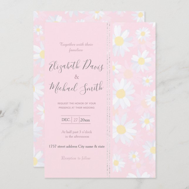 White Daisy Flowers Pink Floral Invitation (Front/Back)