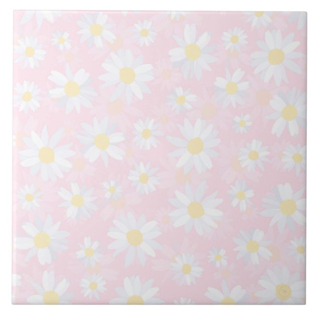 White Daisy Flowers Pink Floral Tile (Front)
