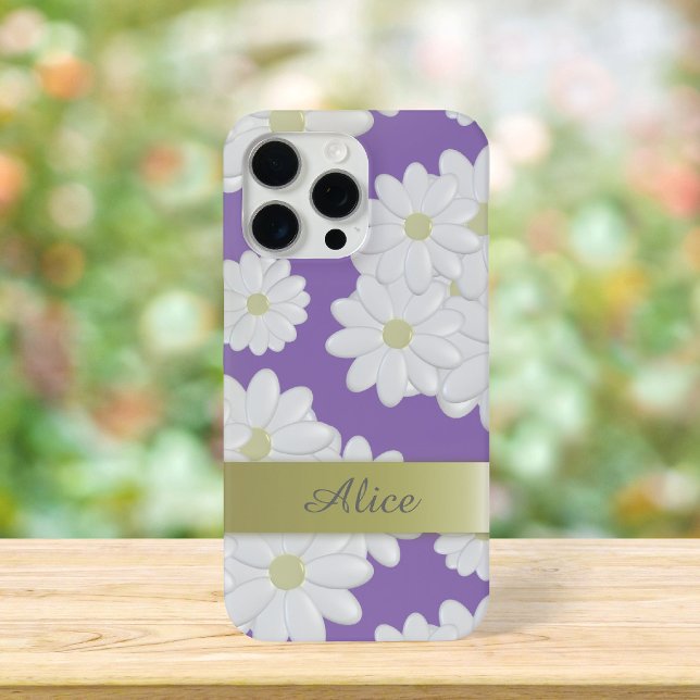White Daisy Flowers Purple Floral Personalized Case-Mate iPhone Case (A cute purple and white daisy phone case with space for your name)
