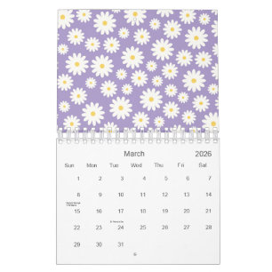 White Daisy Flowers Purple Pattern 2026 Calendar
