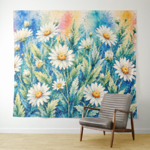 White Daisy Geometric Style Cross-Stitch-Inspired Tapestry