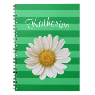 White Daisy Green Striped Custom Name Notebook