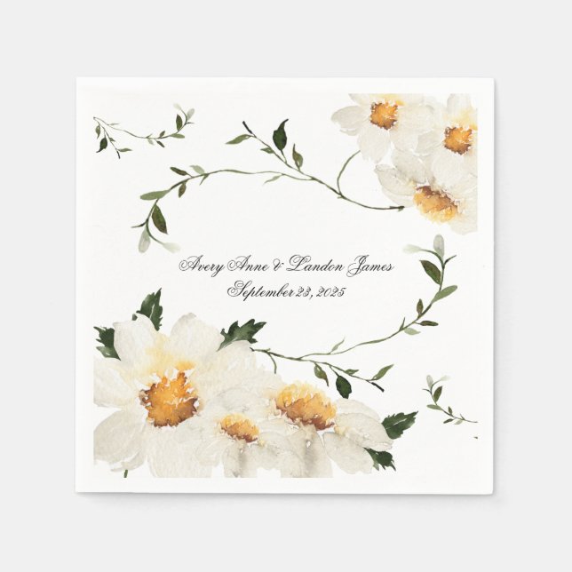 White Daisy Greenery Personalized Pretty Wedding Napkin (Front)