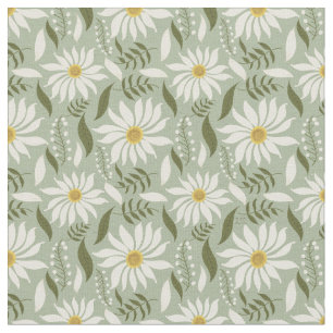White Daisy Mint Floral Pattern  Fabric
