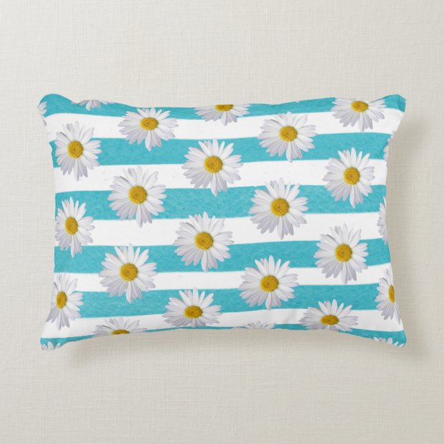 white daisy on aqua blue watercolor stripe accent pillow (Front)