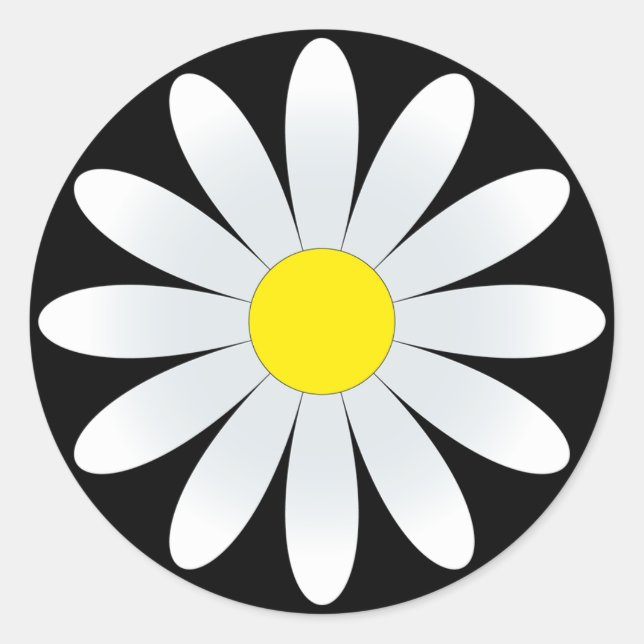 White Daisy on Black Classic Round Sticker (Front)