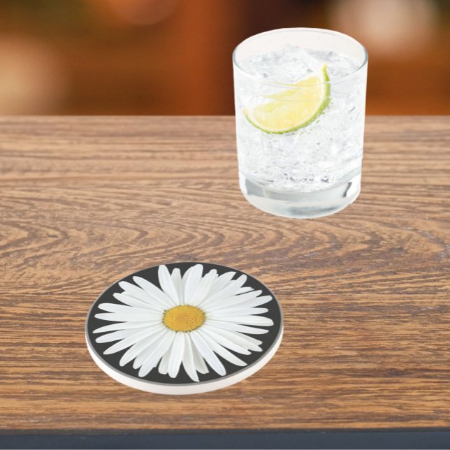 White Daisy on Black Floral Coaster (In Situ)