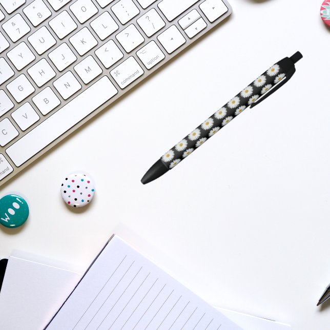 White Daisy on Black Floral Pattern Ink Pen (In Situ)