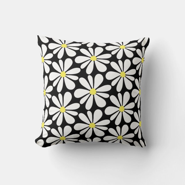 White Daisy on Black Floral Throw Pillow (Front)