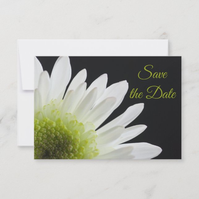 White Daisy on Black Wedding Save the Date (Front)