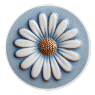 White Daisy on Blue Ceramic Knob