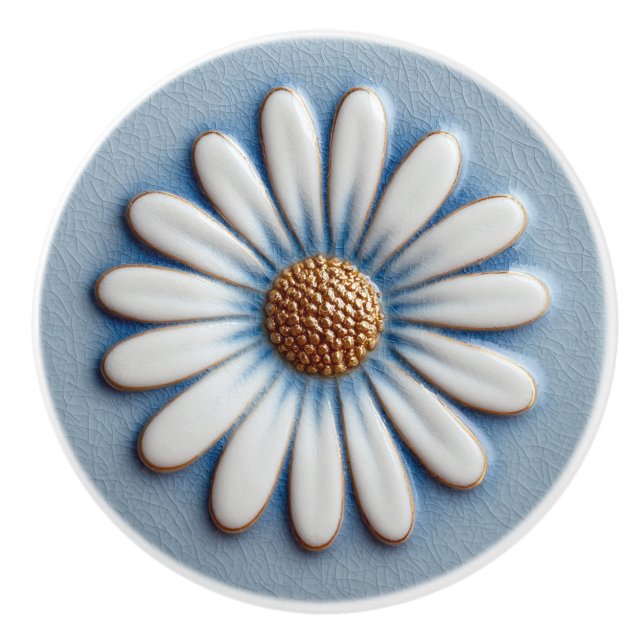 White Daisy on Blue Ceramic Knob (Front)