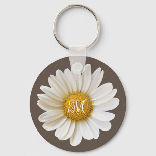 White Daisy on Brown Personalized Keychain