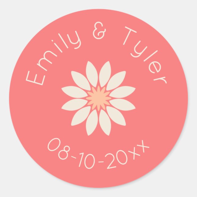 White Daisy on Coral Personalized Wedding Seal (Front)