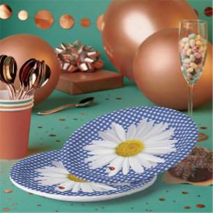 White Daisy On Gingham with Ladybug Paper Plate