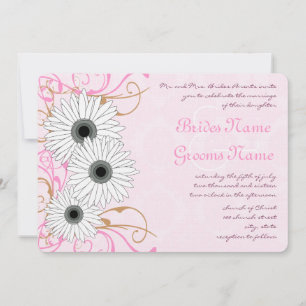 White Daisy On Pink Damask Wedding Invitation