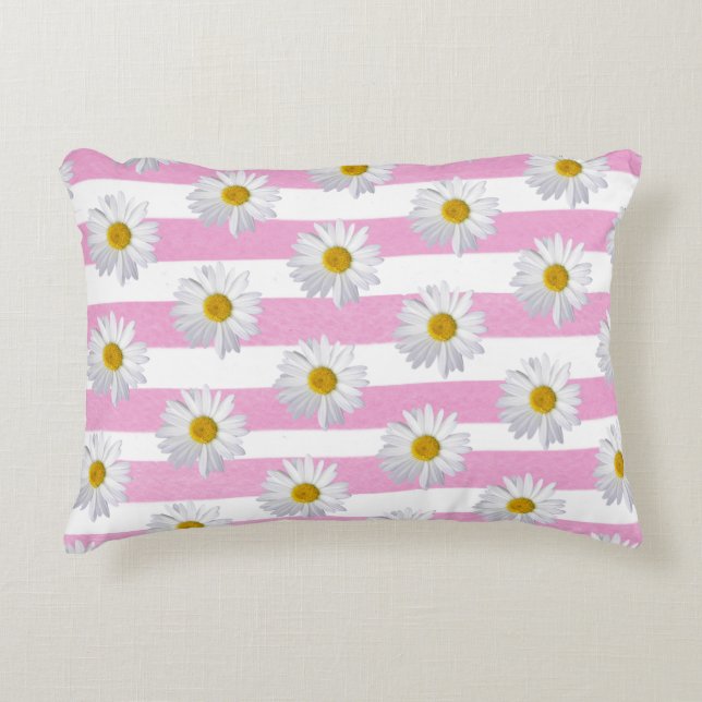 white daisy on pink watercolor stripe accent pillow (Front)