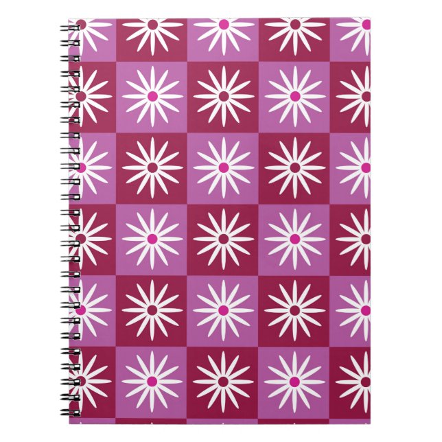 White daisy on Red and Pink Pattern Chequerboard Notebook (Front)