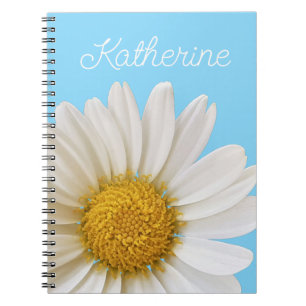 White Daisy on Sky Blue Custom Name Notebook