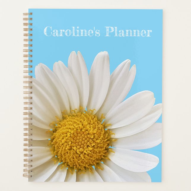 White Daisy on Sky Blue Custom Text Planner (Front)
