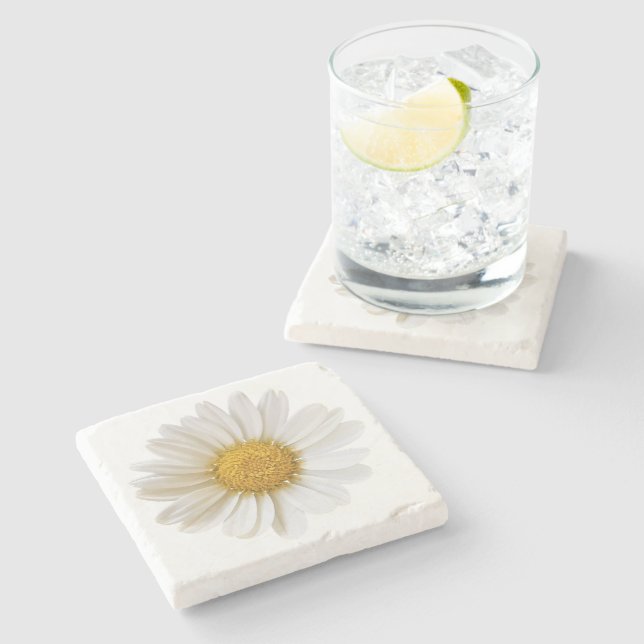 White Daisy on White Background Floral Stone Coaster (Side)