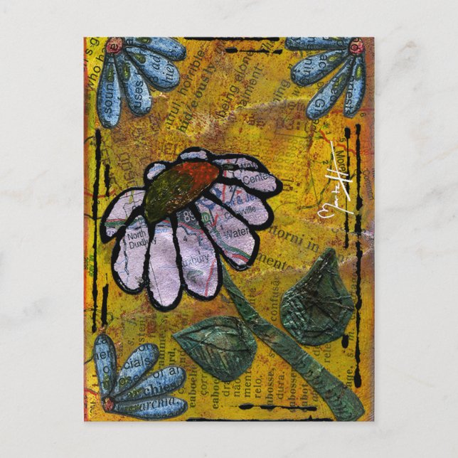 White Daisy on Yellow Background - Collage Postcard (Front)