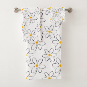 White Daisy Pattern Bath Towel Set