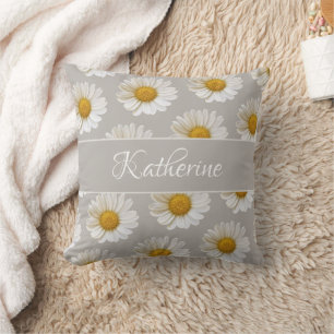 White Daisy Pattern Custom Name Grey Throw Pillow