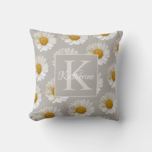 White Daisy Pattern Monogram Grey Floral Throw Pillow