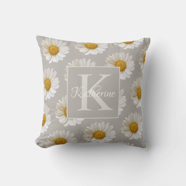 White Daisy Pattern Monogram Grey Floral Throw Pillow (Front)