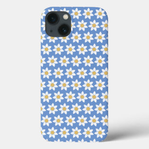 White Daisy Pattern on Blue iPhone 13 Case