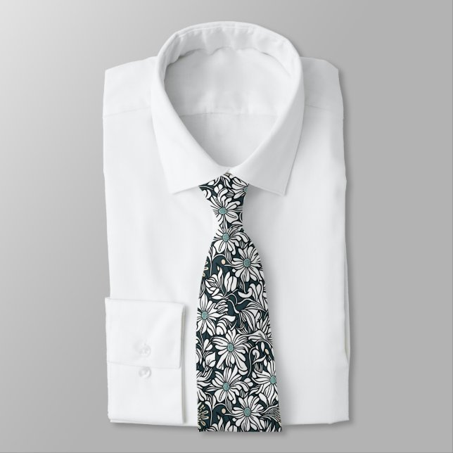 White Daisy Pattern on Dark Green Background Tie (Tied)