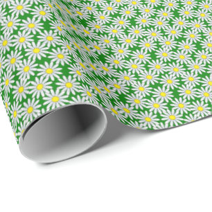 White Daisy Pattern on Green Wrapping Paper