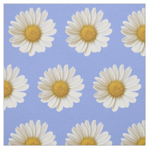 White Daisy Pattern on Light Blue Background Fabric