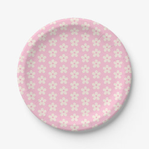 White Daisy Pattern on Pastel Pink Minimalist Paper Plate