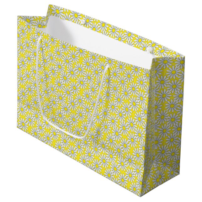 White Daisy Pattern on Yellow Large Gift Bag (Front Angled)