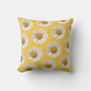 White Daisy Pattern Yellow Floral Throw Pillow