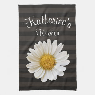 White Daisy Personalized Dark Striped Kitchen Towel